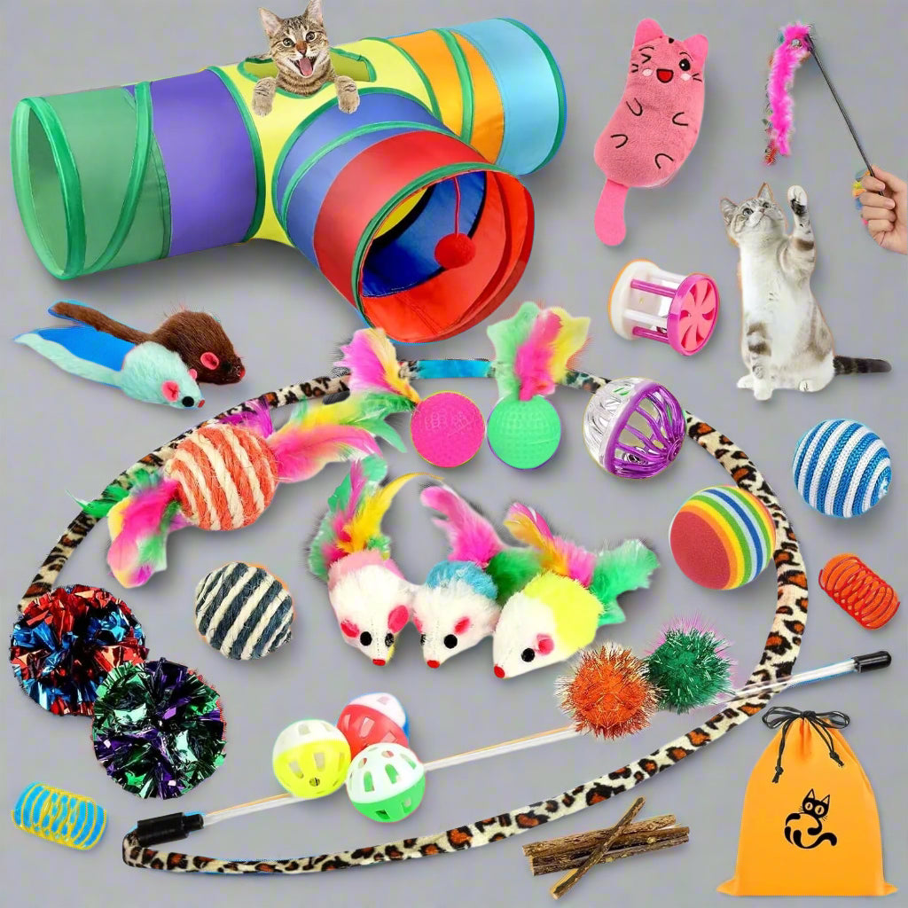 32 Pcs Cat Toys Kitten Toys, Interactive Variety Catnip Toys with Collapsible Rainbow Tunnel, Cat Feather Teaser Crinkle Balls Spring Toy for Cat, Kitty, Puppy