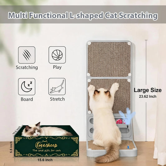 Multi-functional L-shaped cat scratching post with a cat using it, showing its size and features.