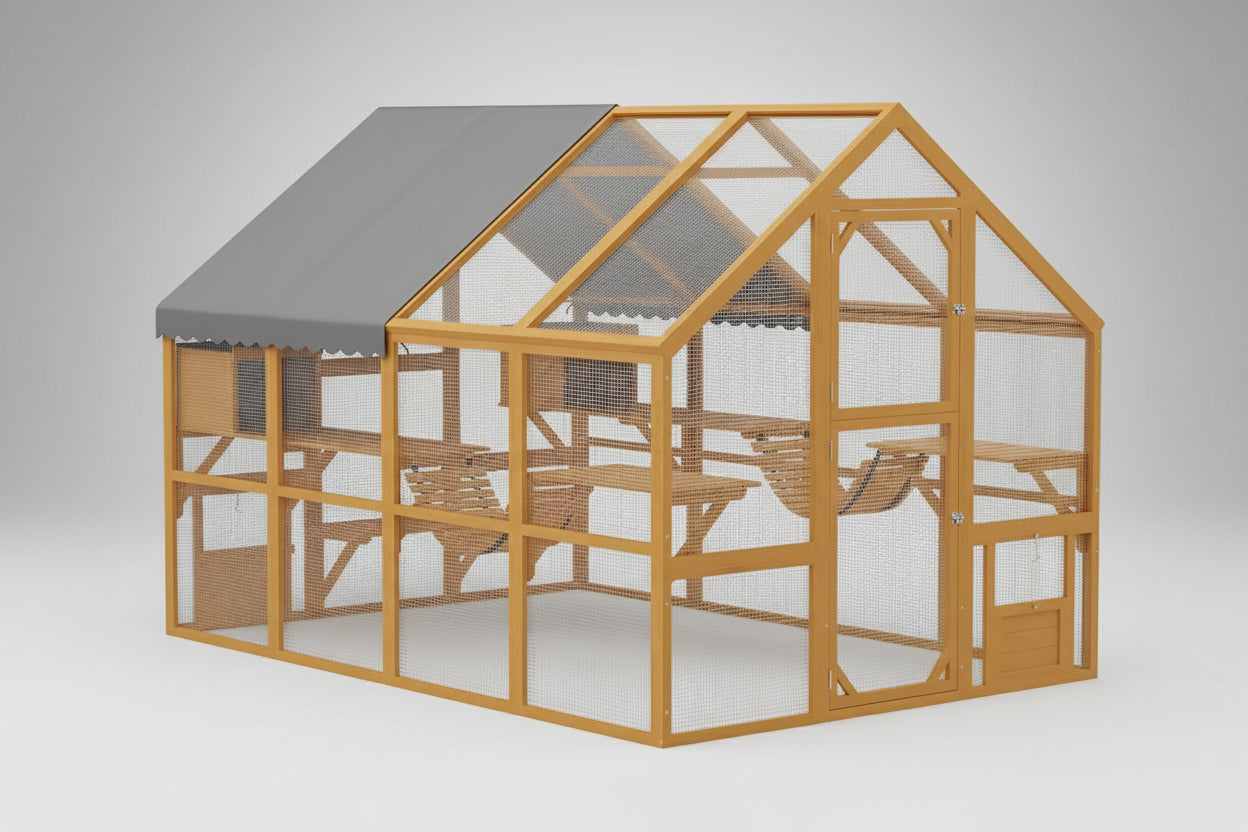 Large Catio Outdoor Cat Enclosure for Multiple Kittens, Wooden Cat House with Waterproof Cover, Walk in Kitty Cage Kennel With