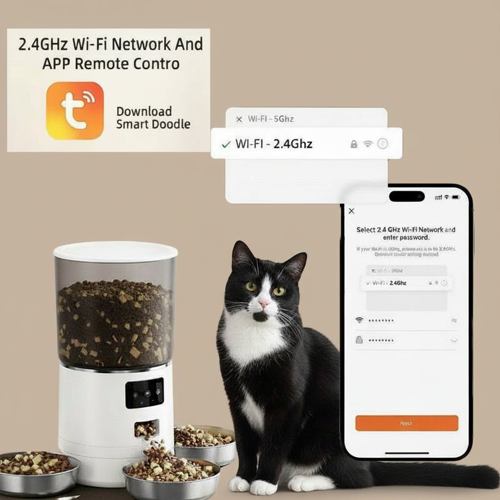 Smart pet feeder with a cat, smartphone displaying Wi-Fi settings, and app interface.