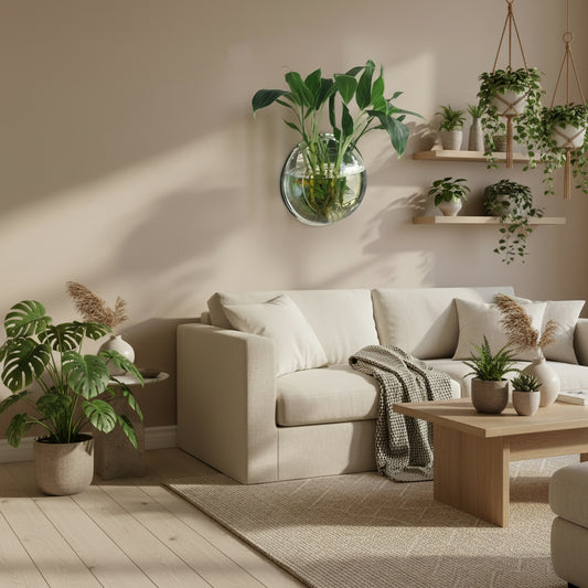 Wall-mounted glass vase with green plants throughout a warm, neutral tone living room setting.