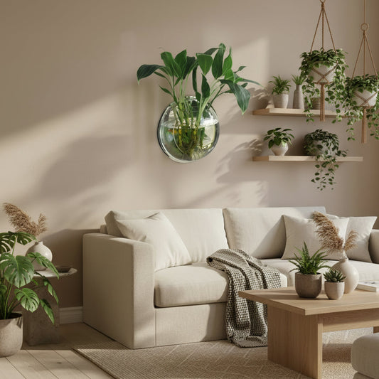 Wall-mounted glass vase with green plants throughout a warm, neutral tone living room setting.