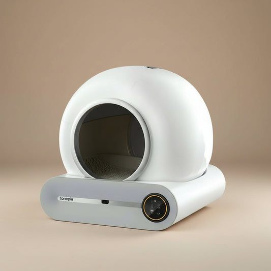 White pet litter box with a circular design on a beige background