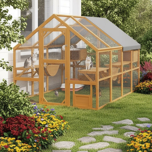 Large Catio Outdoor Cat Enclosure for Multiple Kittens, Wooden Cat House with Waterproof Cover, Walk in Kitty Cage Kennel With