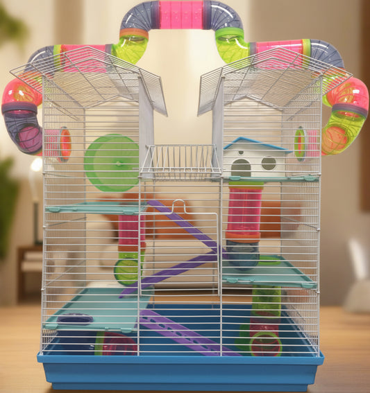 Large Multi Level Twin Tower Expansible and Customizable Habitat Hamster Rodent Gerbils Mouse Mice Small Animal Home Cage with Crossing Tube with Full Set of Accessories