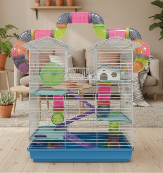 Large Multi Level Twin Tower Expansible and Customizable Habitat Hamster Rodent Gerbils Mouse Mice Small Animal Home Cage with Crossing Tube with Full Set of Accessories