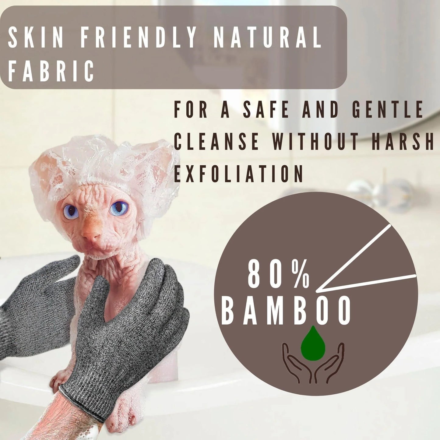 Bath Exfoliating Gloves for Sphynx Hairless Cats Carbonized Bamboo Body Scrub