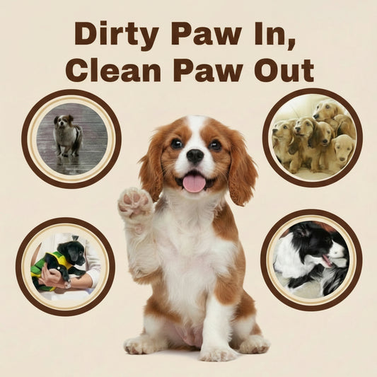 Dog with muddy paws showing text 'Dirty paw in, Clean paw out' and images of dogs with clean paws.