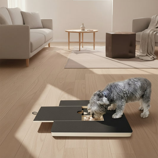 Dog interacting with a puzzle toy on a wooden floor.