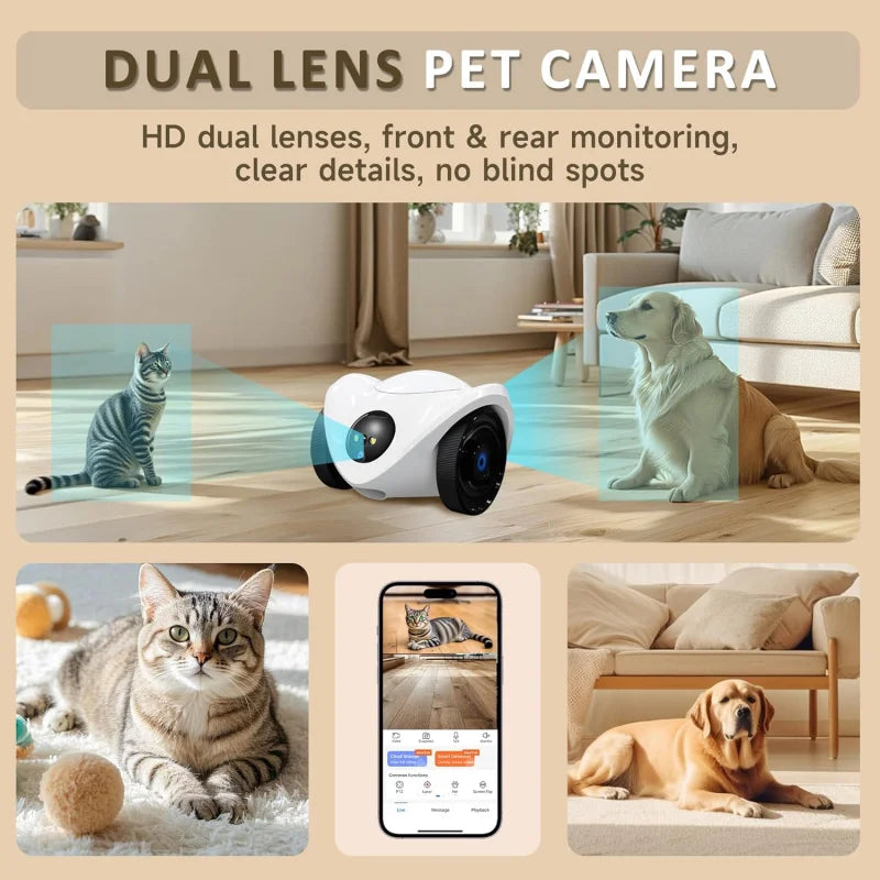 Dual lens pet camera with images of a cat, dog, and smartphone app on a beige background.