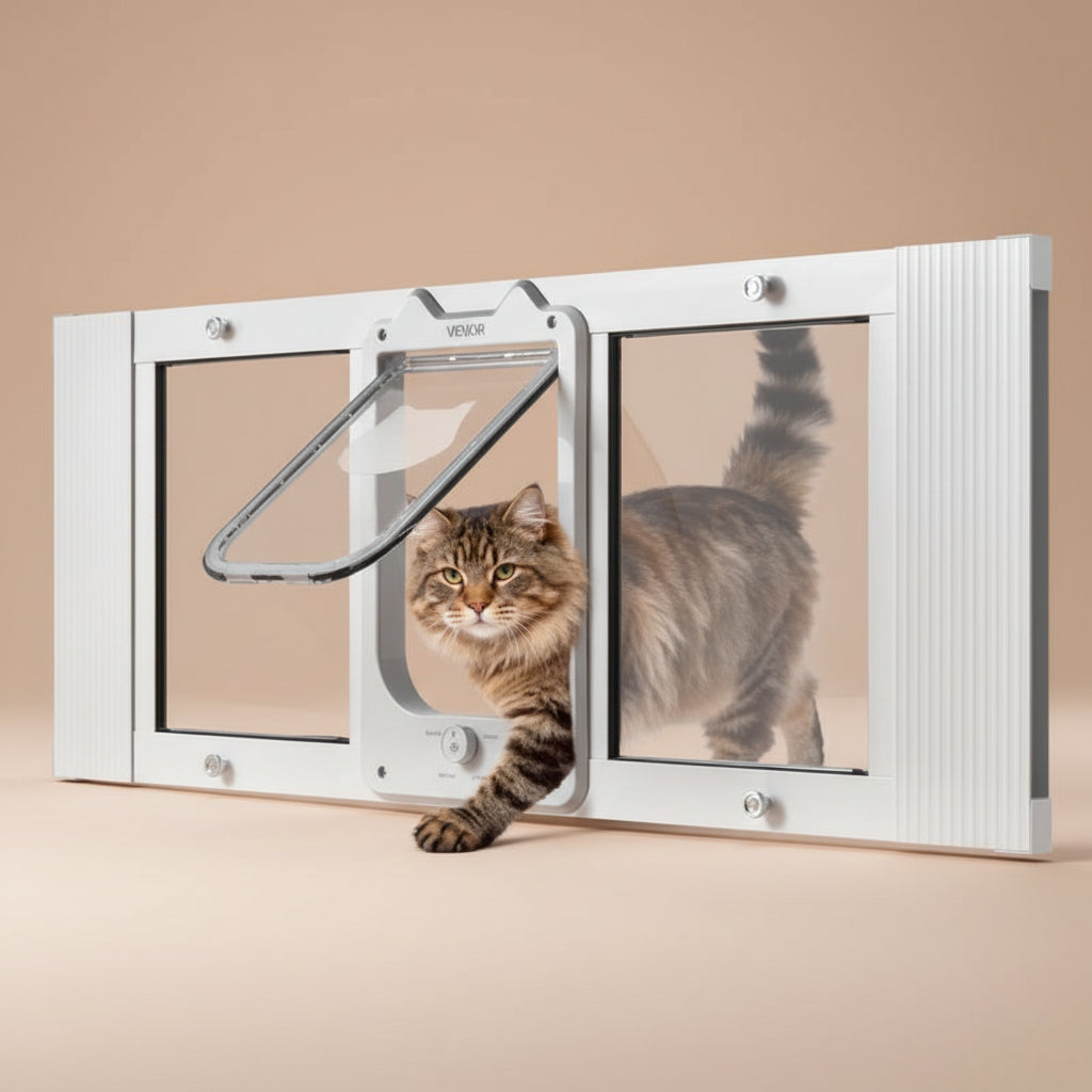 Cat using a pet door on a beige background