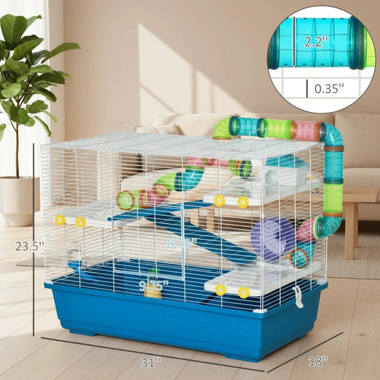 Pawhut 31" Extra Large Hamster Cage with Tubes and Tunnels, 4 Tier Small Animal Cage with Portable Carry Handles, Rat Gerbil Cage with Water Bottle, Food Dish, Exercise Wheel