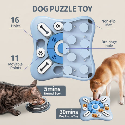 Dog puzzle toy with features highlighted, including a cat and dog interacting with it.