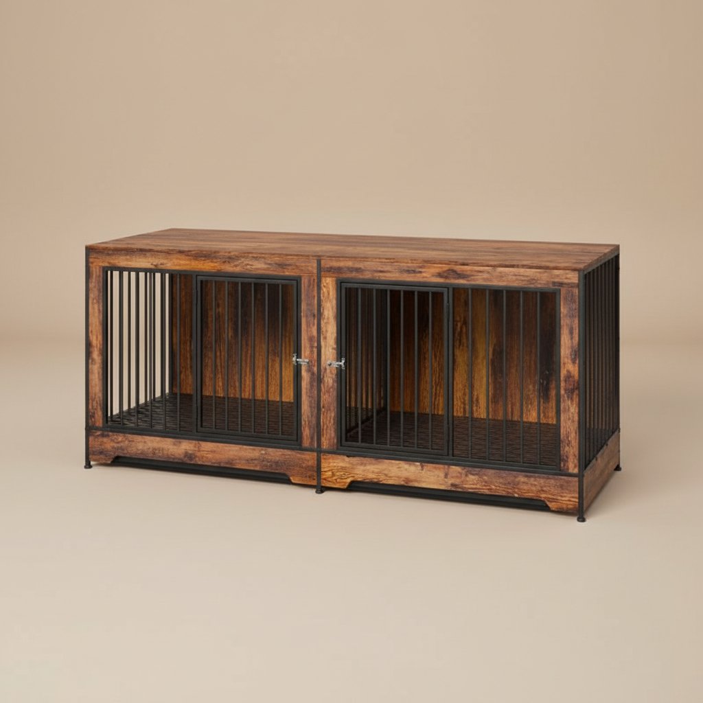 75 inch Wooden cabinet with two dog kennels on a beige background