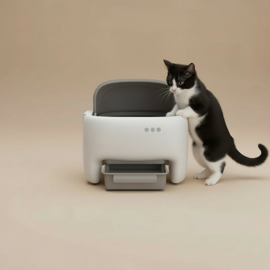 Cat interacting with a modern pet litter box on a beige background