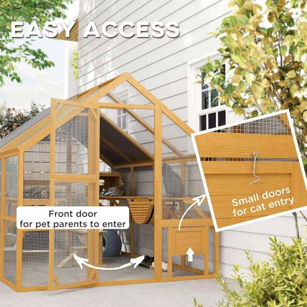 Large Catio Outdoor Cat Enclosure for Multiple Kittens, Wooden Cat House with Waterproof Cover, Walk in Kitty Cage Kennel With
