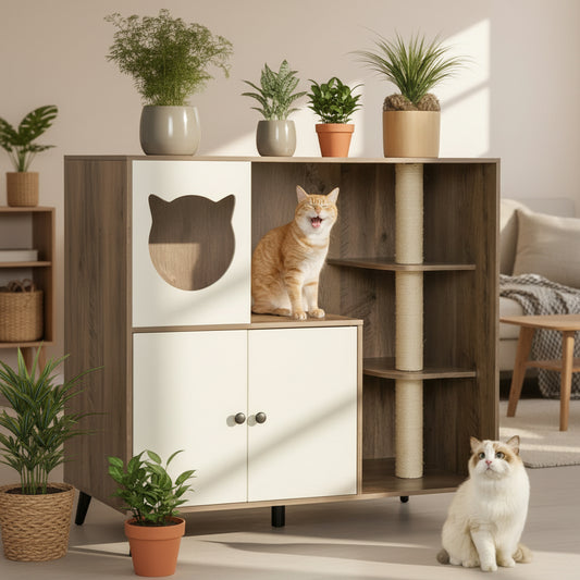 Cat Litter Box Enclosure with 3 Sisal Scratching Posts for Indoor Cats