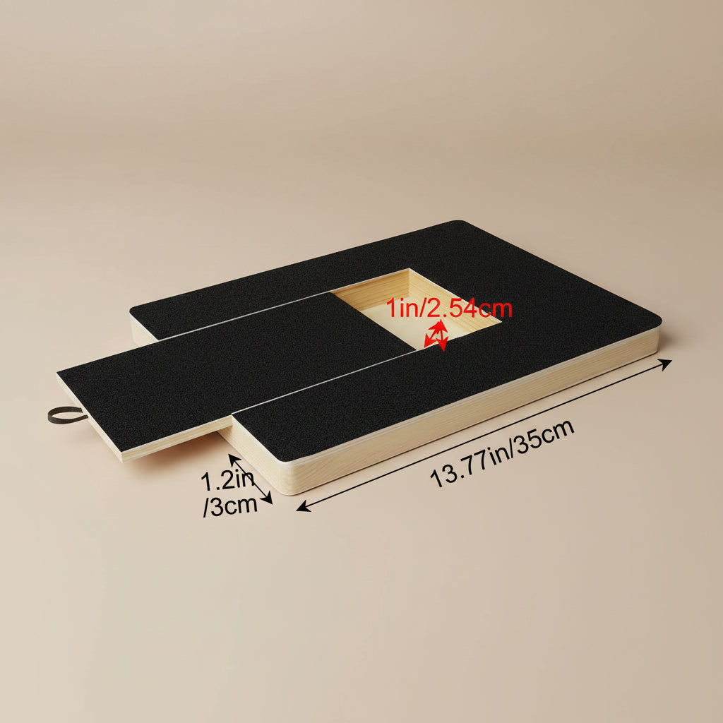Wooden scratcher block with sliding door and measurements on a beige background