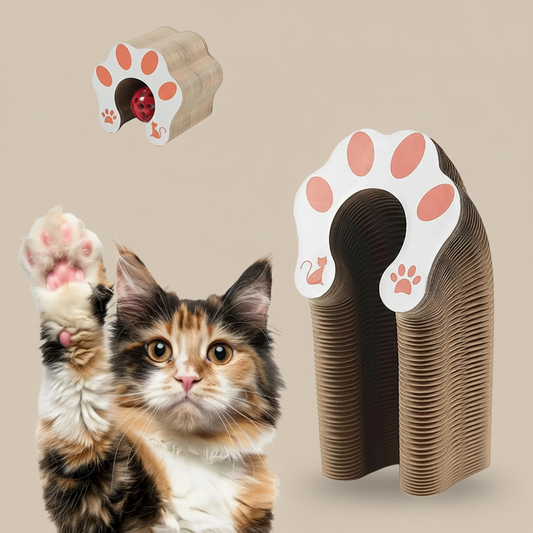 Cat with a paw-shaped scratching post and a cat toy on a beige background