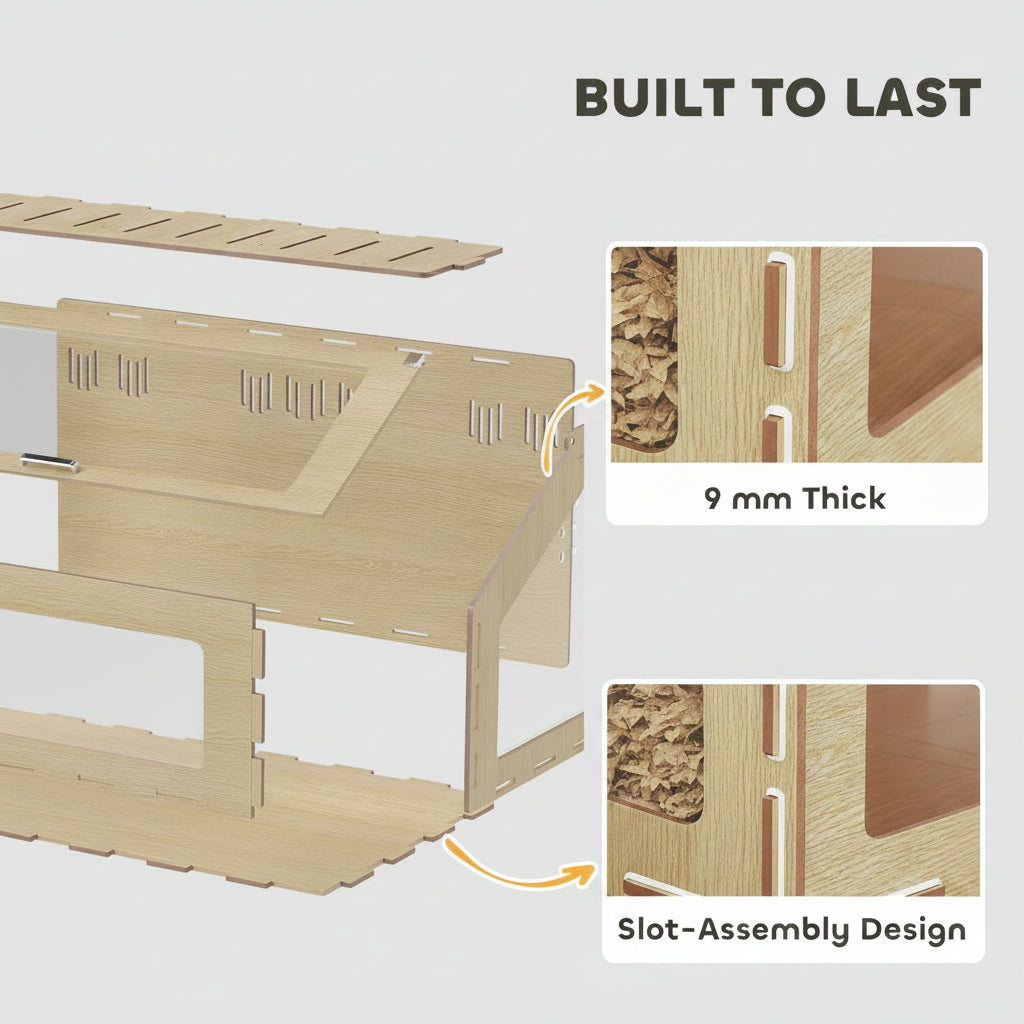 Wooden habitat with slot-assembly design, thick material.