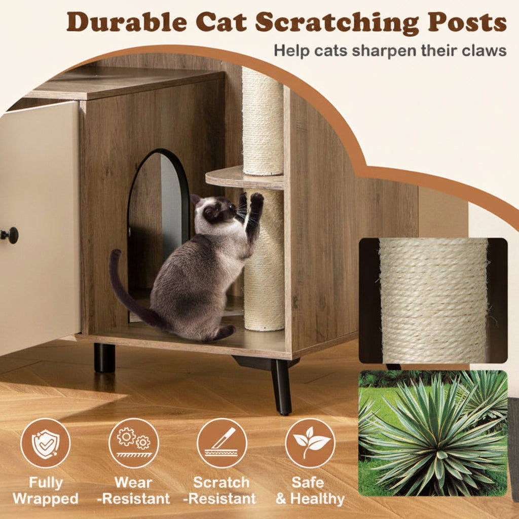 Cat playing with a wooden scratching post and hideout, with text highlighting features.