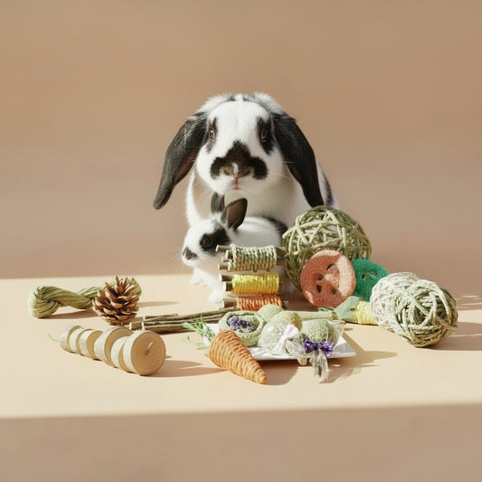 Rabbit surrounded by various toys on a beige surface with a beige background