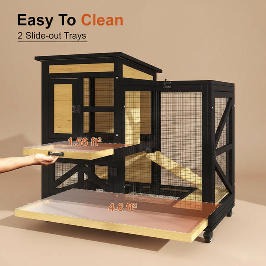 Pet cage with slide-out trays labeled 'Easy To Clean' and dimensions on a neutral background.