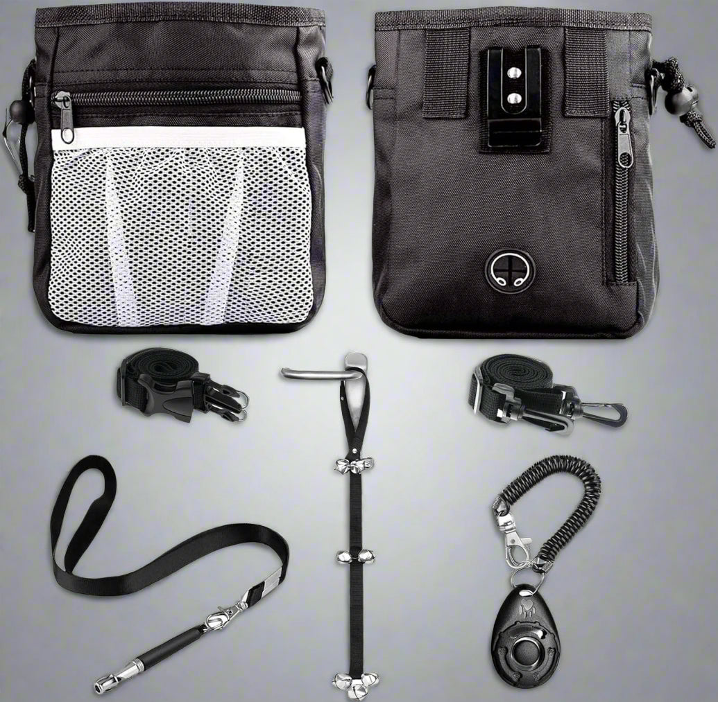 4-In-1 Dog Training Set, Puppy Training Treats- Dog Treat Training Pouch, Dog Whistle, Dog Doorbells, Dog Clicker, Ideal Gift for First Time Pet Owners, Training Dog Owners (Black)