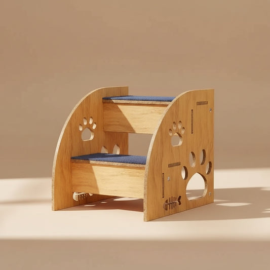 Wooden pet step with paw prints design, on a beige sunlight background.