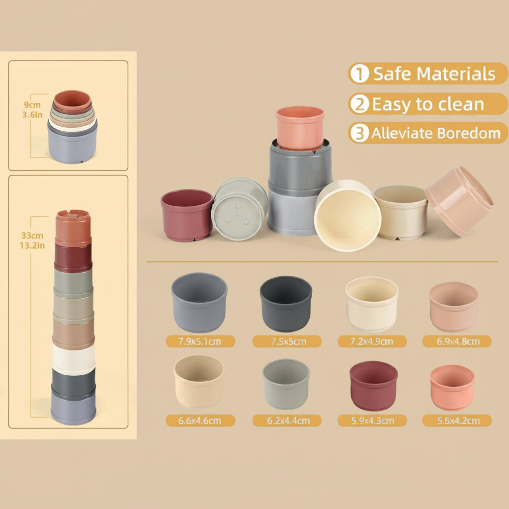 Set of small cups in various colors with dimensions and benefits listed.