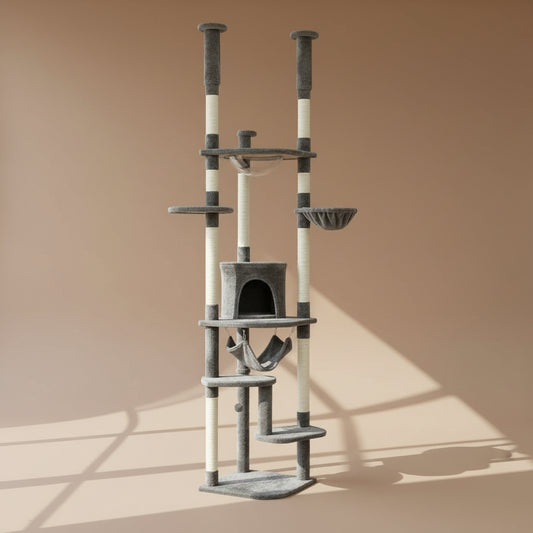 Height 230-252CM Cactus Cat Tree Floor to Ceiling with Green Leaves Tall Tower 7 Tiers Climbing Tree with Cozy Hammocks Condos