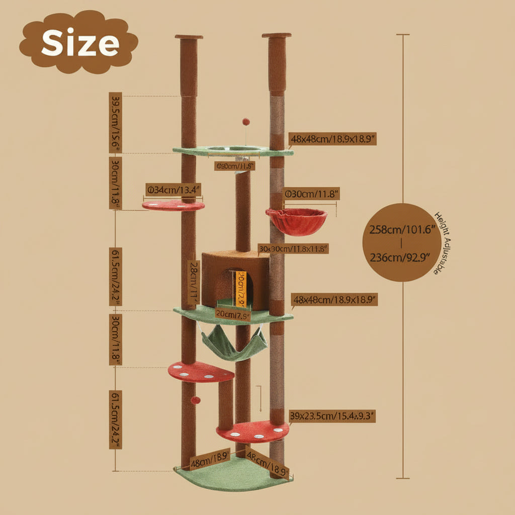Cat tree with dimensions labeled on a beige background