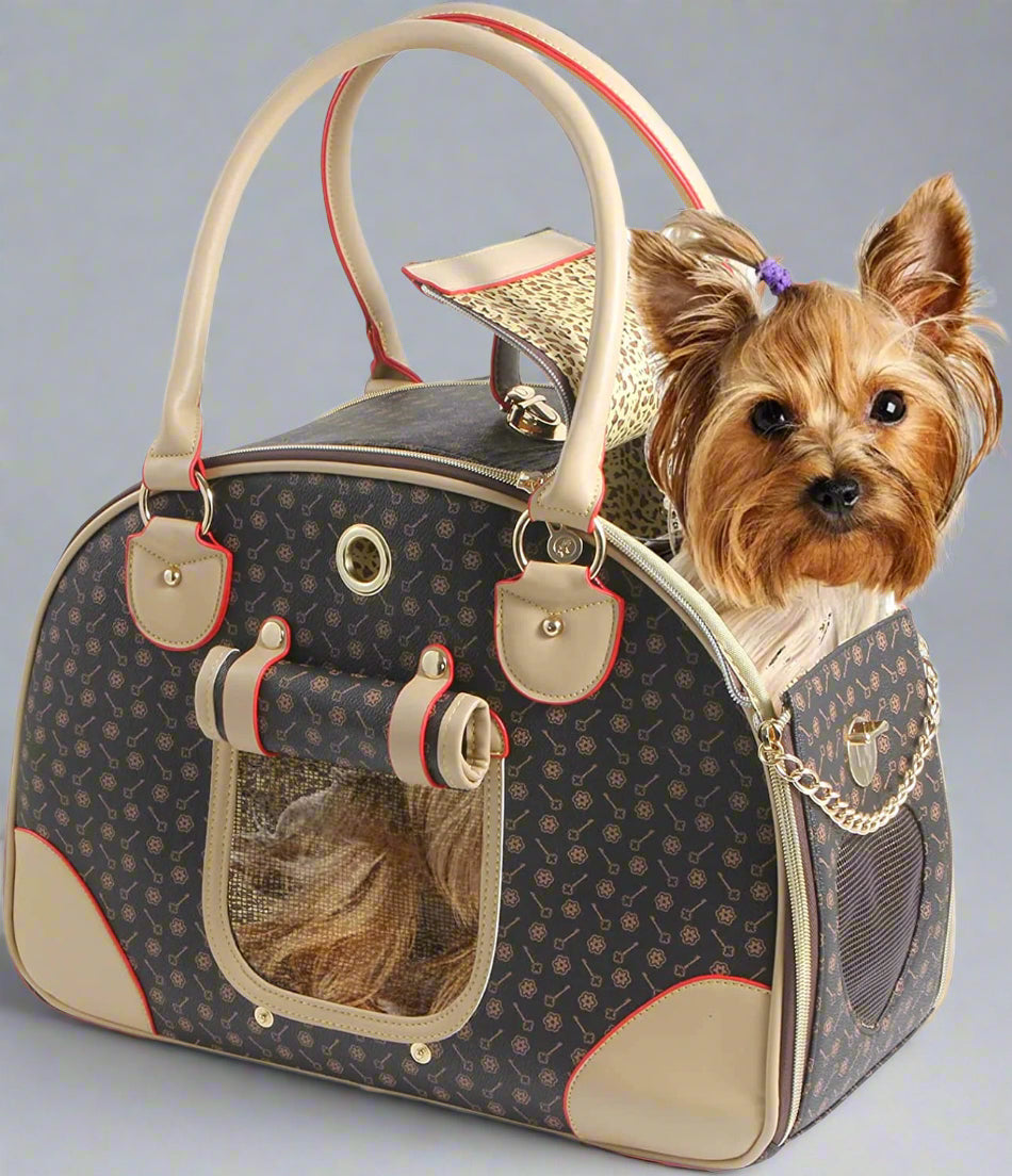 Fashion Dog Carrier PU Leather Dog Handbag Dog Purse Cat Tote Bag Pet Cat Dog Hiking Bag, Brown, Large