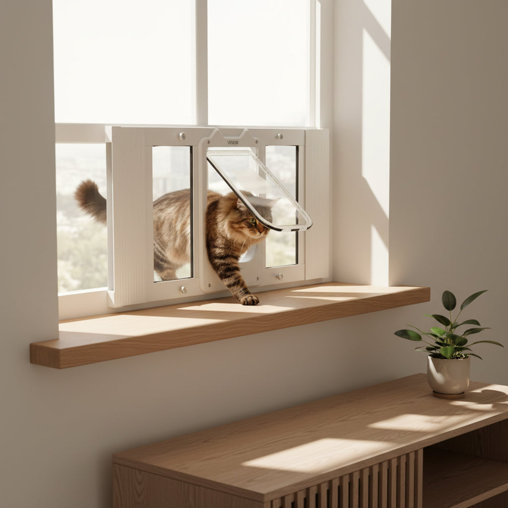 Cat using a window pet door to enter home