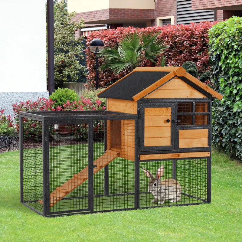Wood-Metal Pet House Elevated Rabbit Hutch Bunny Cage Small Animal Habitat with Slide-Out Tray Lockable Door Water-Resistant Asphalt Roof for Outdoor 48" X 24.75" X 36.25" Light Yellow