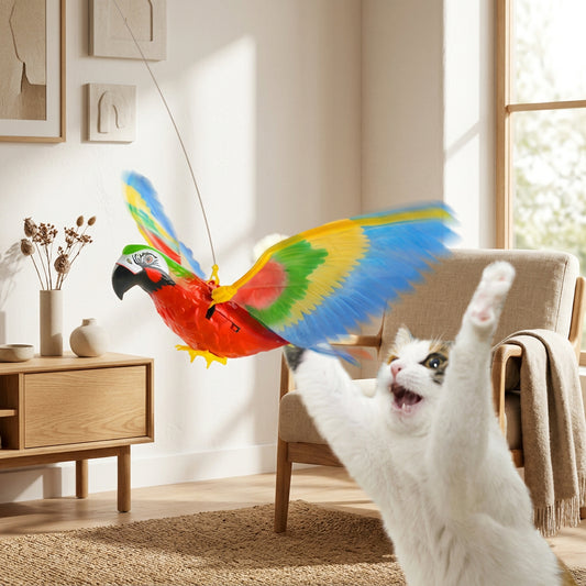 A white cat reaches up at a colorful toy parrot with spread wings, set in a living room.
