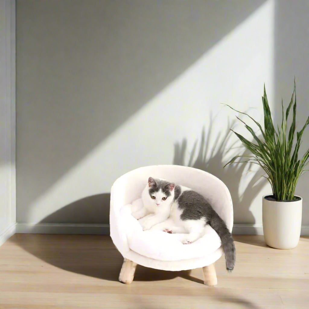 Luxury Cat Bed Soft Warm Plush Fabric Pet Nesting Chair Bed Stool Wood Legs with Cushion Pad Washable Waterproof for Small Pets