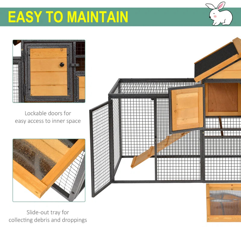 Wood-Metal Pet House Elevated Rabbit Hutch Bunny Cage Small Animal Habitat with Slide-Out Tray Lockable Door Water-Resistant Asphalt Roof for Outdoor 48" X 24.75" X 36.25" Light Yellow