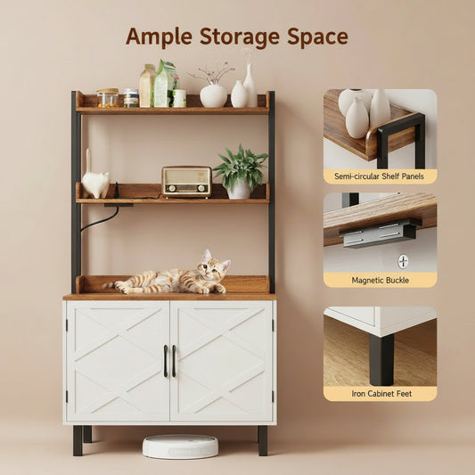 Furniture piece with storage space, cat, and close-up details on a light background