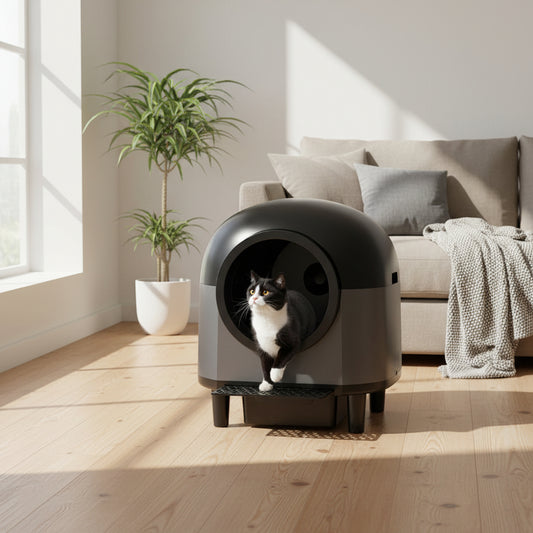 Cat standing inside a modern litter box in a living room setting.