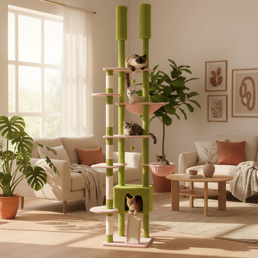Cactus Cat Tree Floor to Ceiling Cat Tower Adjustable Height with Cat Condo Cozy Hammock and Scratching Post Tall Activity Tree