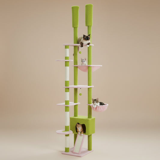 Cactus Cat Tree Floor to Ceiling Cat Tower Adjustable Height with Cat Condo Cozy Hammock and Scratching Post Tall Activity Tree