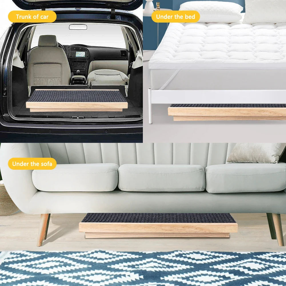 Collage of a multifunctional mat used in a car trunk, under a bed, and under a sofa.