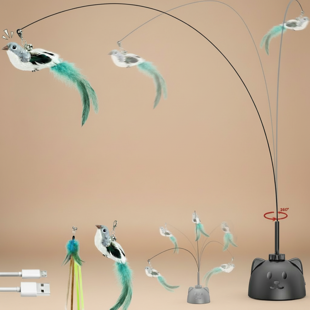 Cat toy with moving feathers and cat jumping up at it, on a beige background