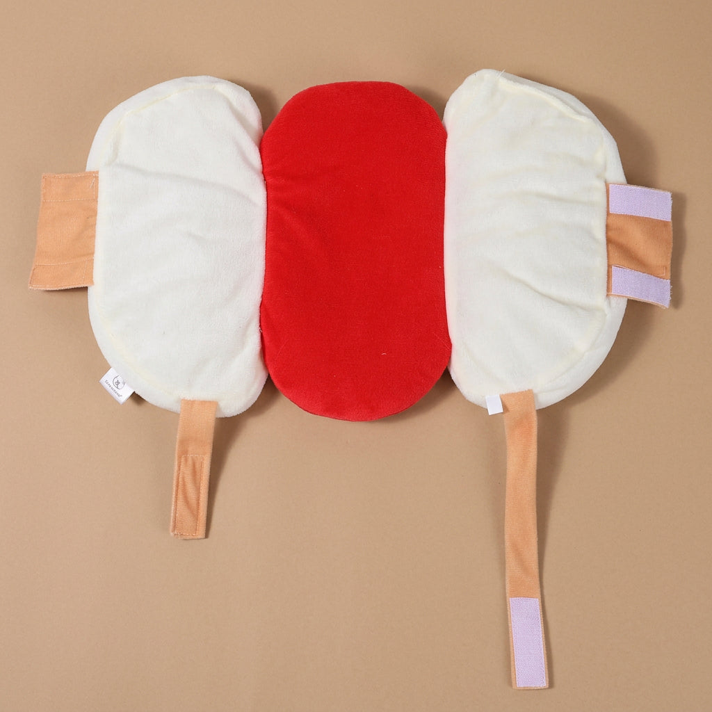 Inside of costume resembling a hod dog in a bun on a beige background