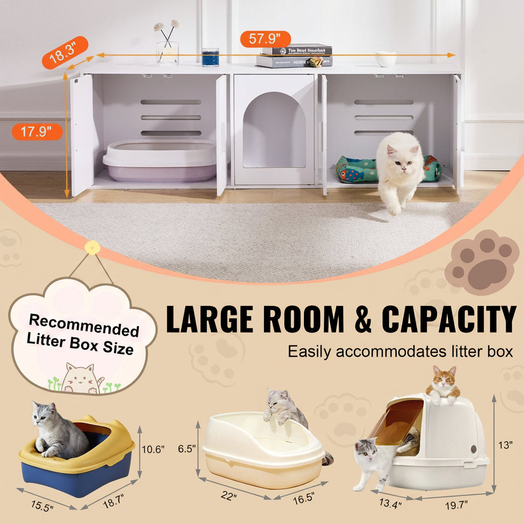Cat litter box with dimensions and a cat inside, set against a white cabinet background.