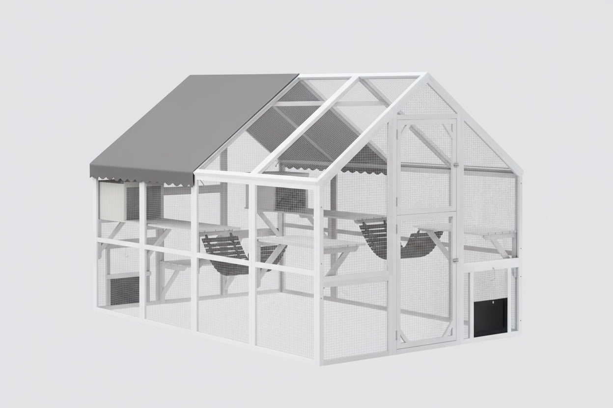 Large Catio Outdoor Cat Enclosure for Multiple Kittens, Wooden Cat House with Waterproof Cover, Walk in Kitty Cage Kennel With