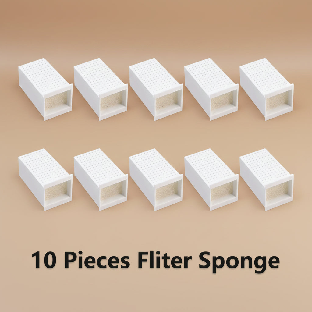 Set of 10 white filter sponges on a white background
