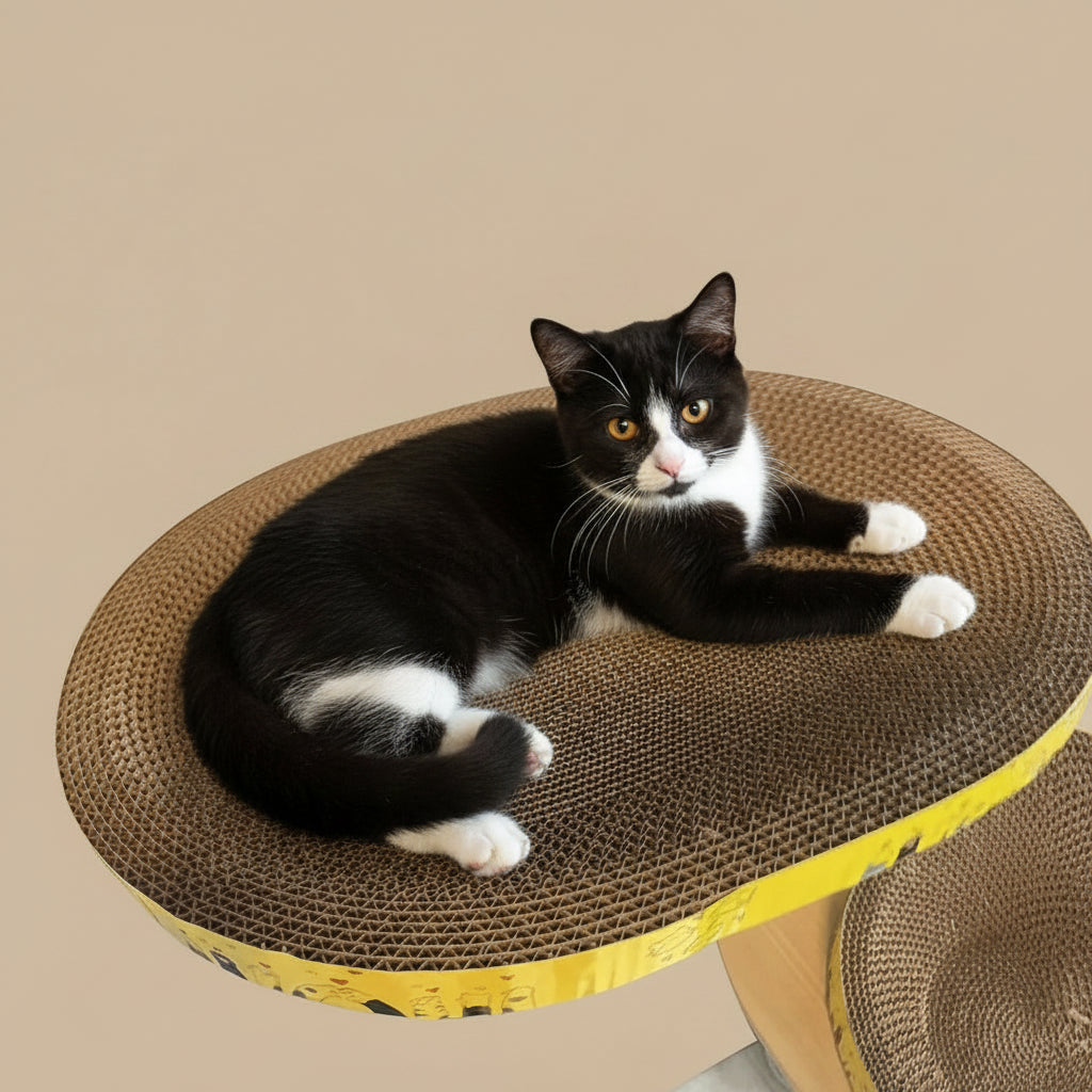 Tuxedo cat lounging on a cardboard cat tree with a beige background