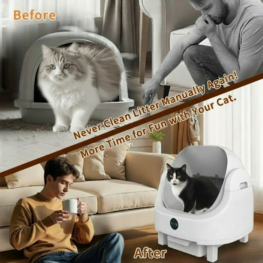 Before and after comparison of a cat using a litter box and a self-cleaning litter box.